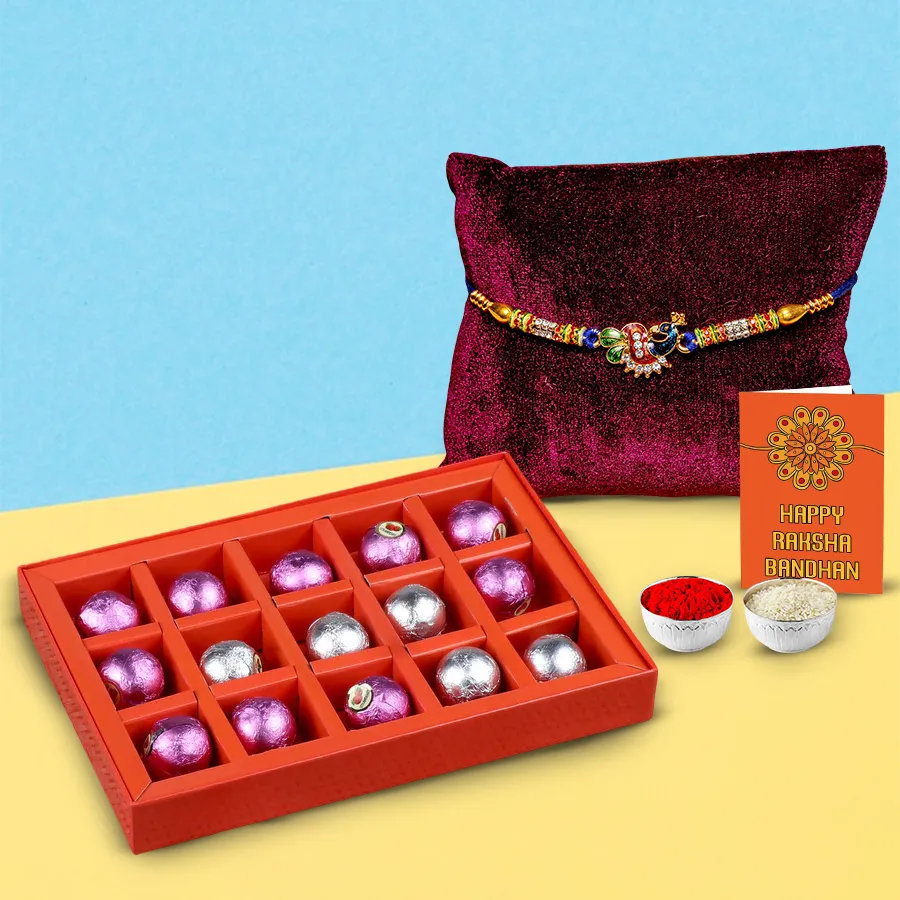 Stylish Rakhi set with 18 pieces of chocolates, Roli, Tilak, and Chawal arranged beautifully for Raksha Bandhan celebration