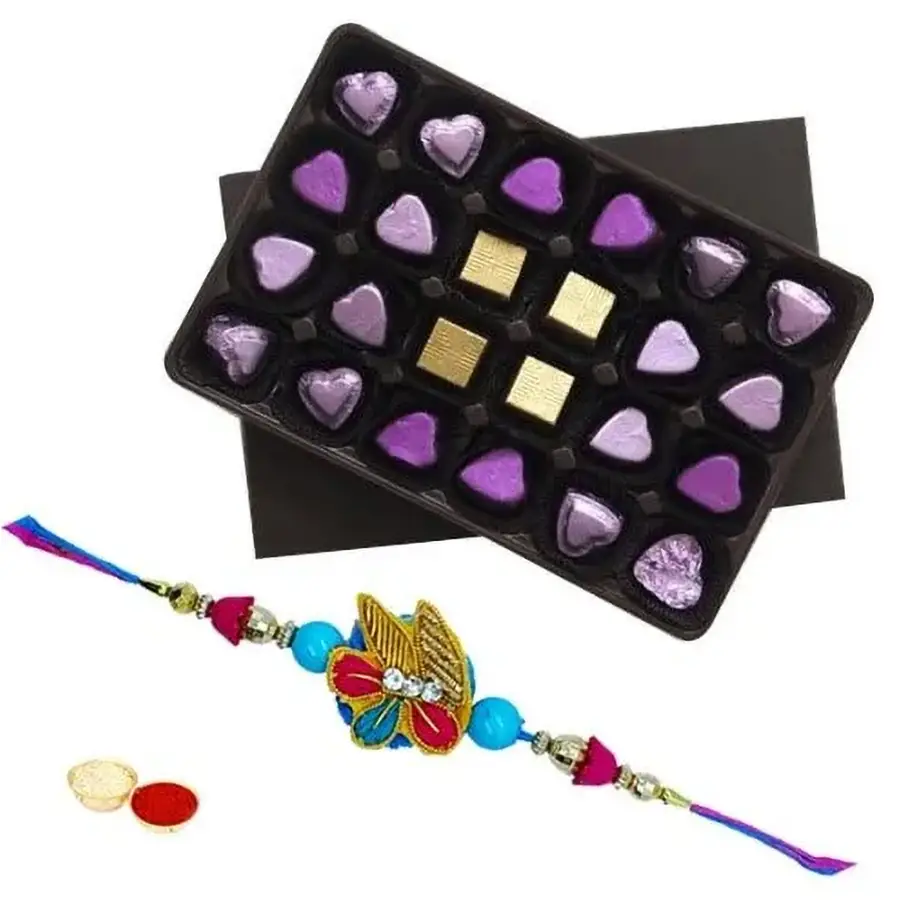 Pack of 24 assorted homemade chocolates with two stylish designer Rakhis and Roli Tilak Chawal in an elegant box