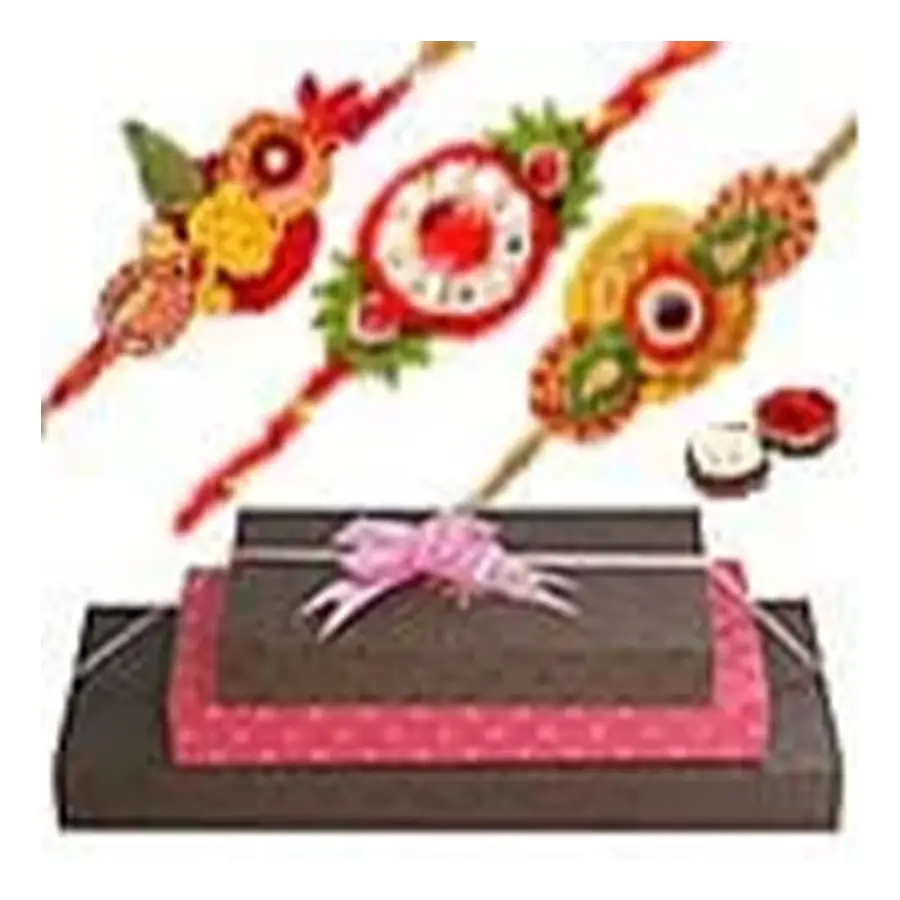 Award-winning three-tier chocolate box filled with 30 assorted chocolates and three designer rakhis for Rakhi celebration.