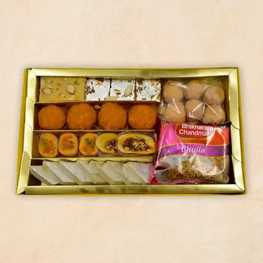 All Things Fabulous Sweet Gift featuring a variety of traditional Indian sweets and snacks, perfect for celebrations and gifting.