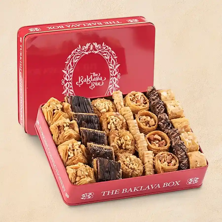 Luxurious Decadent Baklava Indulgence Box with seven varieties in a Royal Red Tin.