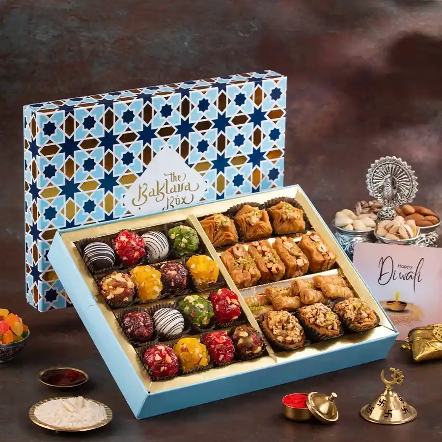Sweet Symphony of Cultures gift hamper featuring baklava and Indian fusion sweets.
