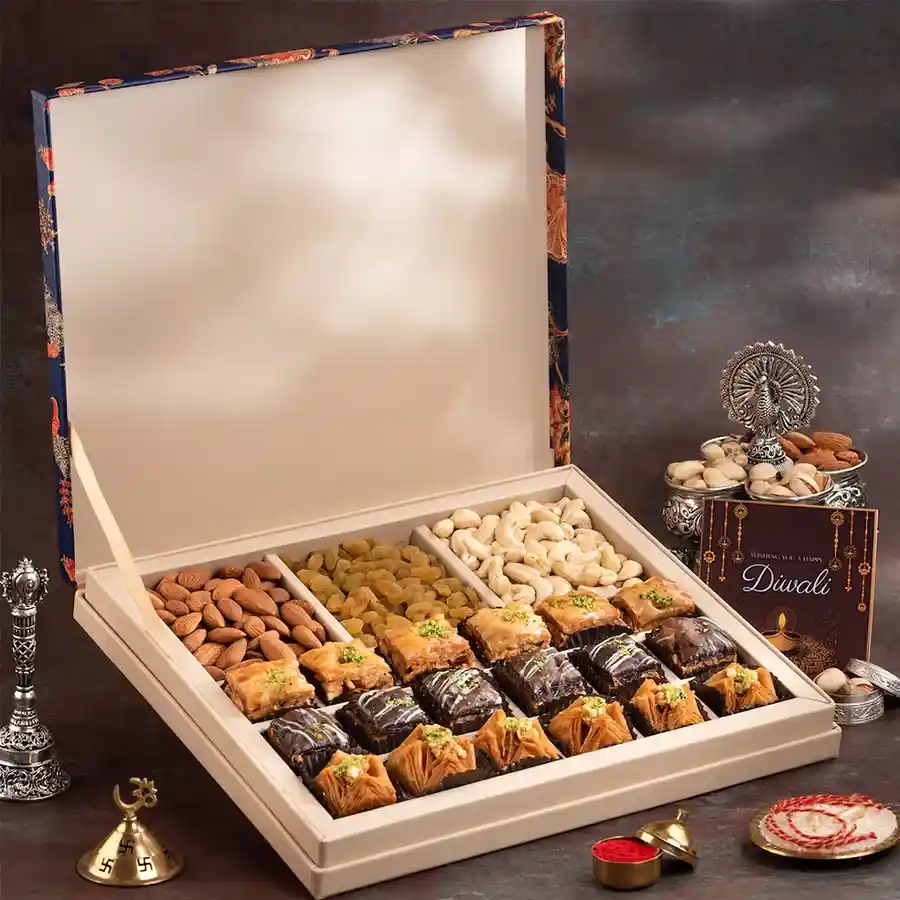 Opulent Baklava and Dry Fruit Collection featuring traditional baklava and assorted dry fruits in a beautifully presented gift box.