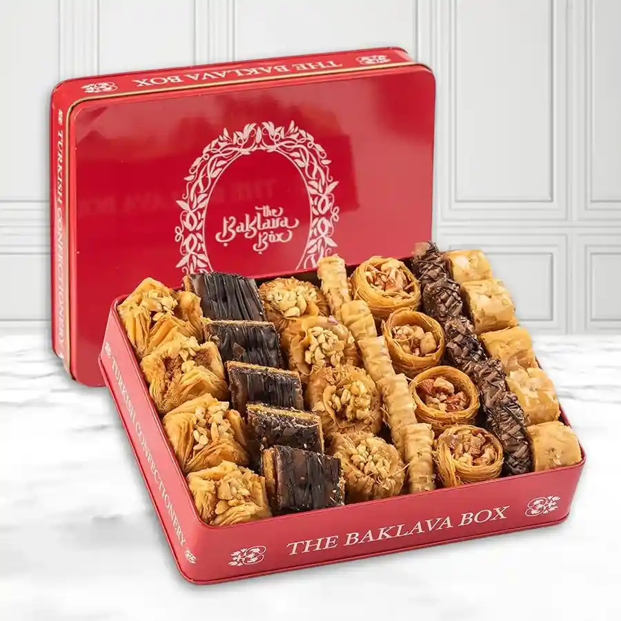 A romantic red tin filled with assorted baklavas, perfect for gifting on Valentine's Day.
