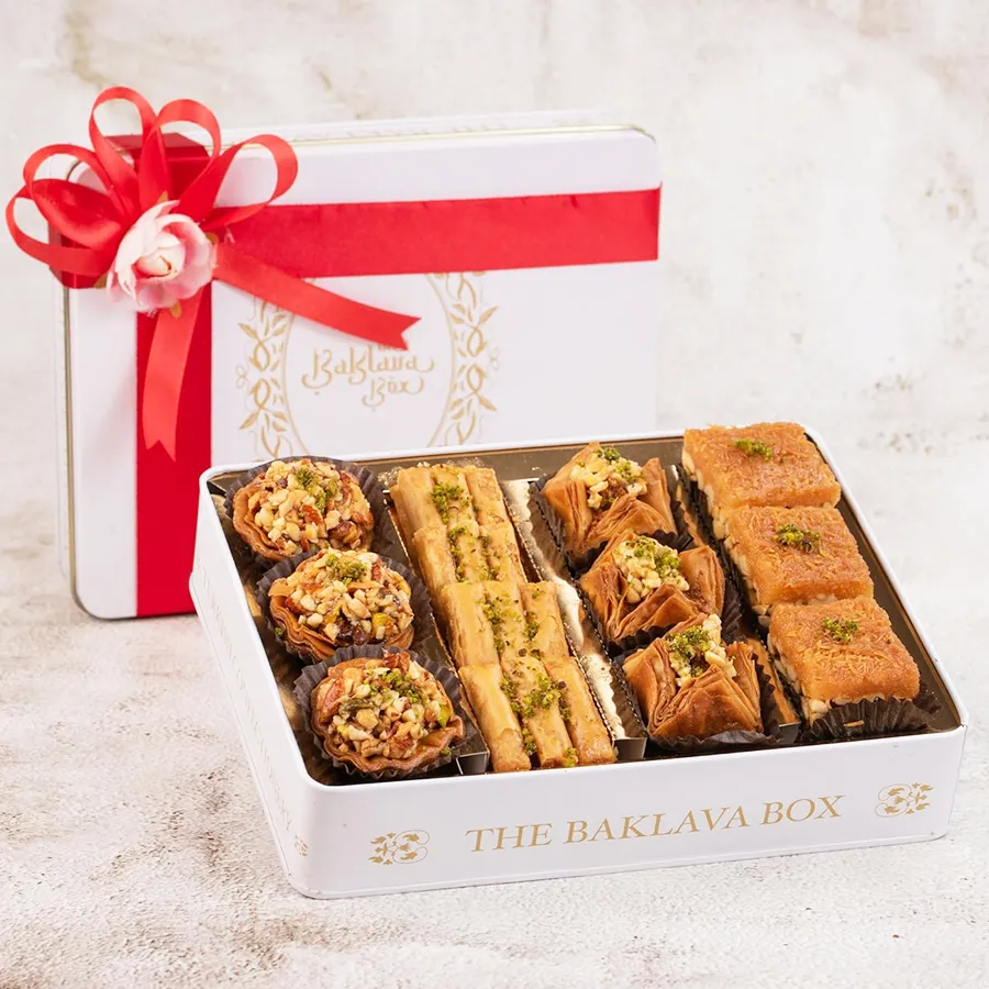 Romantic Treasure of Assorted Baklava in elegant tin with card and ribbon.