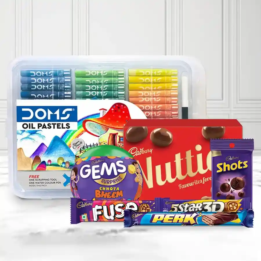 50 pcs Pastel Colour Set with assorted Cadbury chocolates, including Nutties, Lickables, and more.