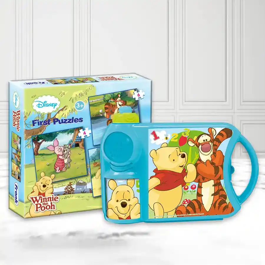 Colorful Disney Winnie the Pooh Toy N Tiffin Combo featuring a lunch box and sipper bottle for kids.