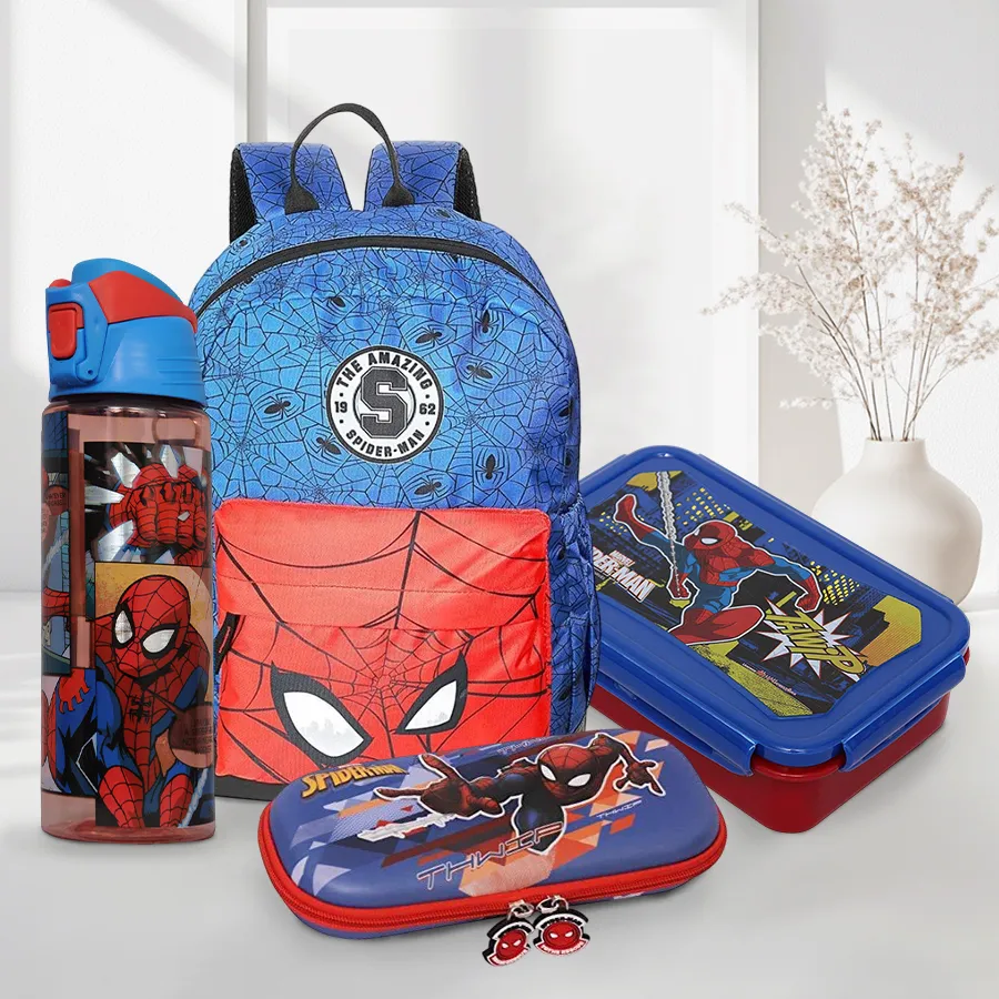 Marvel Spiderman School Essentials Set including a backpack, water bottle, lunch box, and pencil case for kids.