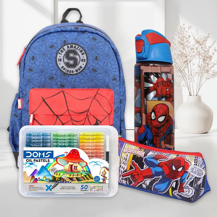 Spiderman's Super School Set featuring a backpack, tiffin box, sipper water bottle, and Doms colour set in vibrant colors.