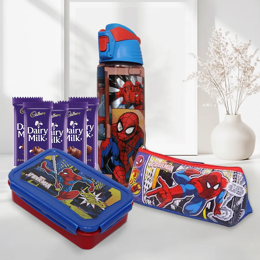 Spiderman Canteen and Treats Bundle with pencil bag, sipper bottle, tiffin box, and chocolate bars for kids.