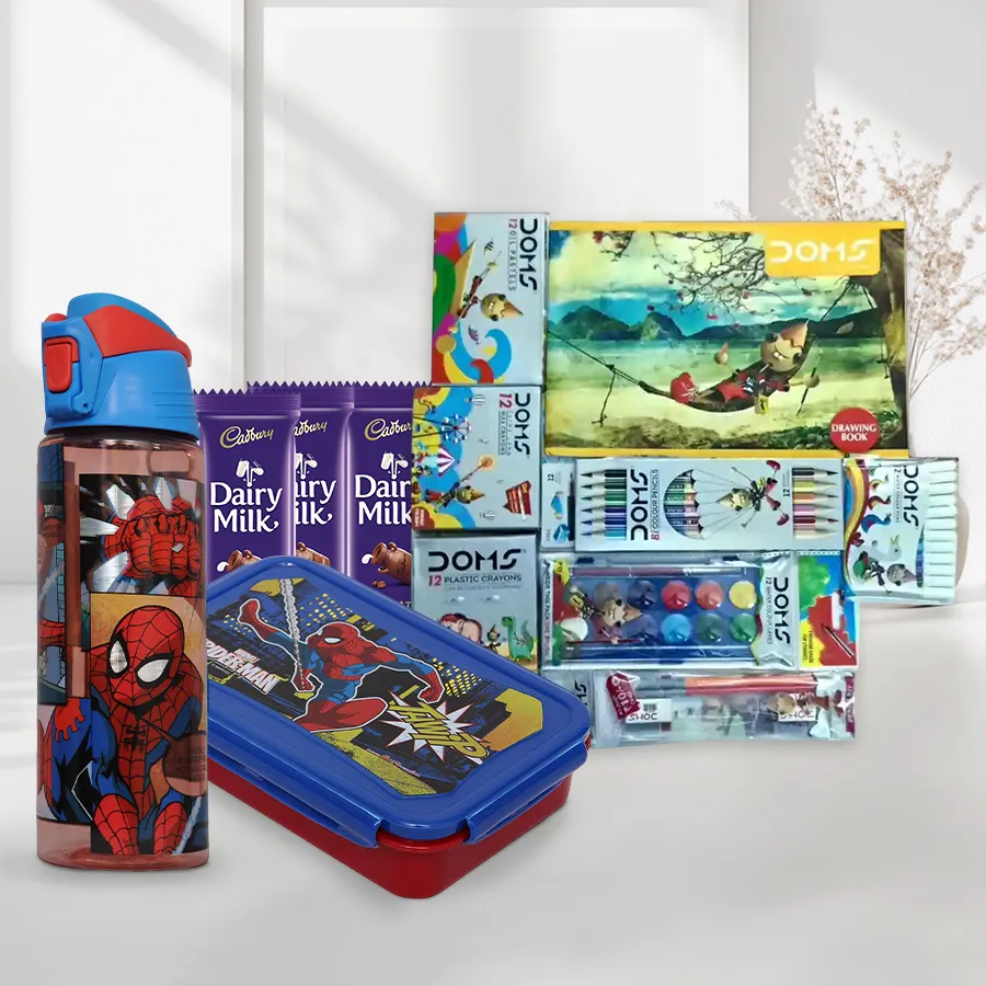 Spiderman Kids Gift Combo including sipper bottle, tiffin box, and coloring kit.
