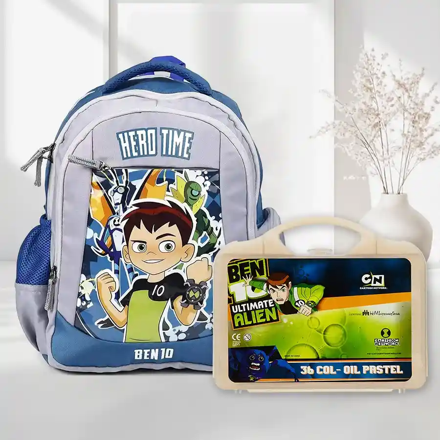 Lovely Ben 10 School Bag with Colouring Set featuring vibrant design, 36 oil pastels, and room for school essentials.