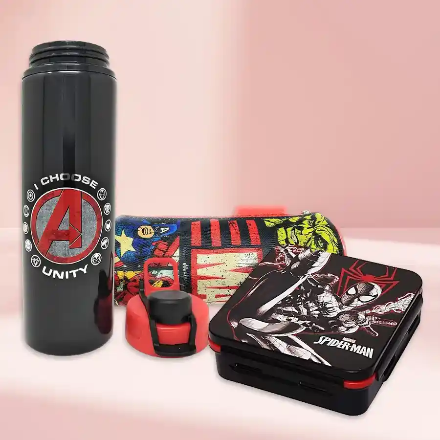 Marvel Avengers Ultimate Kids Combo featuring pencil bag, sipper water bottle, and lunch box set in vibrant multicolor design.