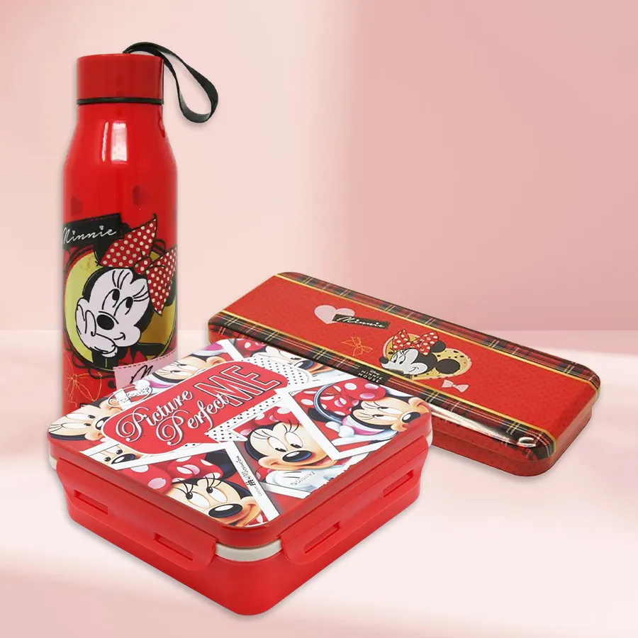 Delightful Minnie Mouse kids' combo with sipper bottle, pencil box, and tiffin box for fun meals and studying.