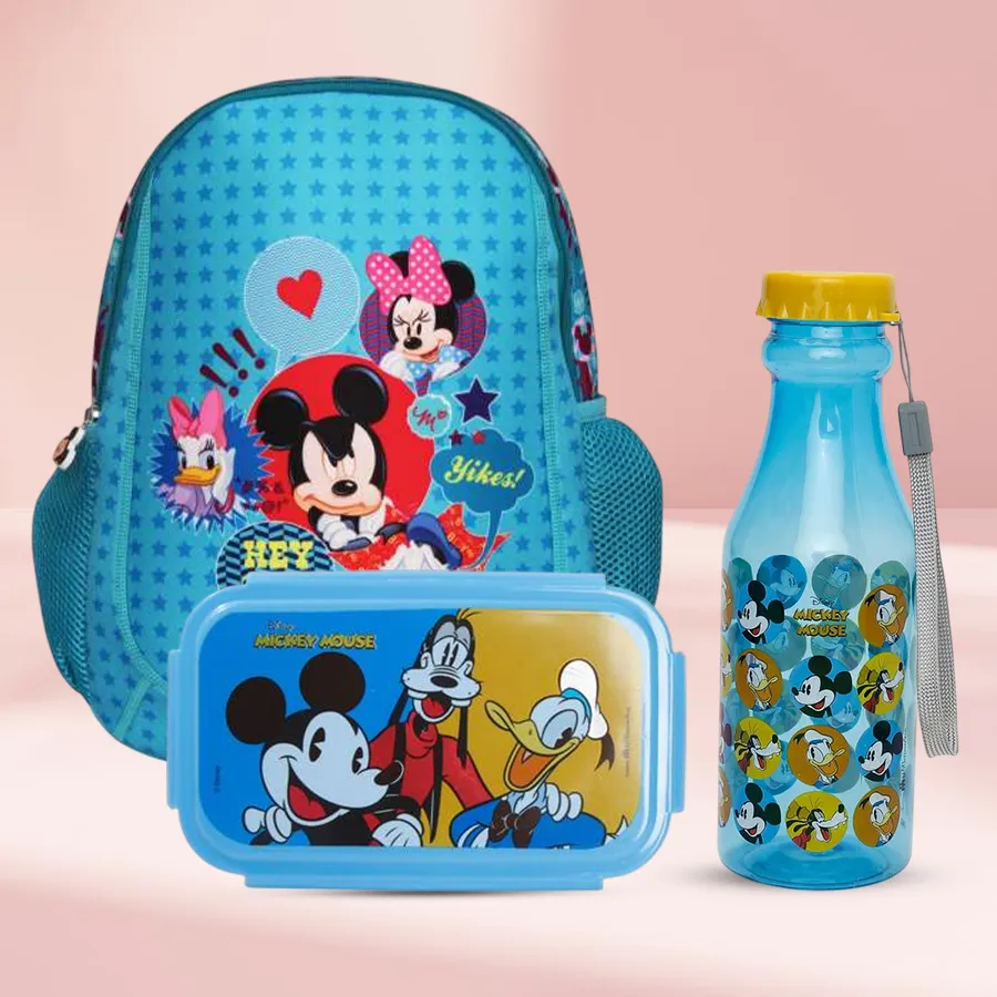 Mickey Mouse School Essentials Combo with backpack, lunch box, and water bottle for kids.