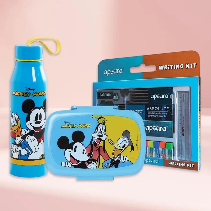 Mickey Mouse Wonder School Collection with lunch box, sipper bottle, and writing kit for kids.
