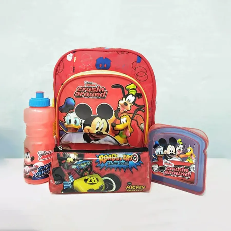 Mickey Mouse Backpack, Lunch Box, and Sipper Bottle Combo for kids.