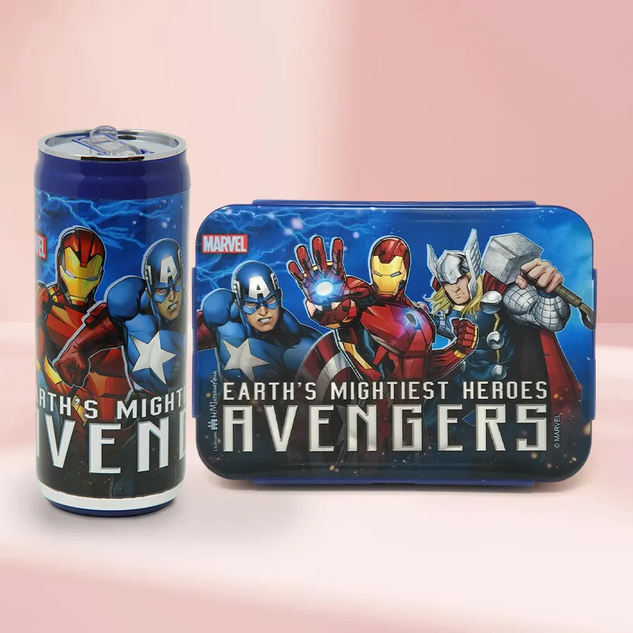 A Marvelous Disney Lunch Box and Sipper Bottle set designed for kids, featuring colorful Avengers characters and BPA-free, insulated materials.