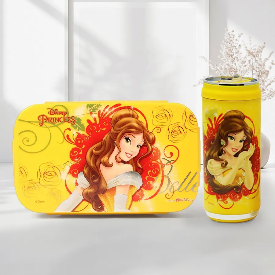 Belle Princess lunch box and sipper bottle combo in yellow.