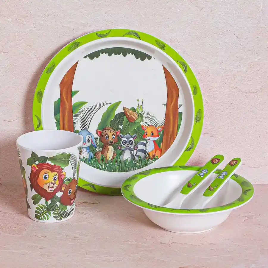 Jungle Adventure Melamine Feeding Set featuring Jungle Book design, perfect for kids' mealtime. Includes plate, bowl, glass, spoon, and fork.