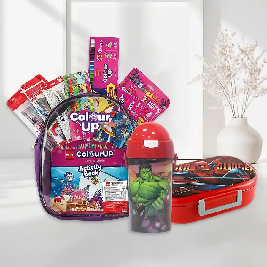 Colorful kids’ art kit featuring Spider-Man lunch box and Avengers sipper bottle.