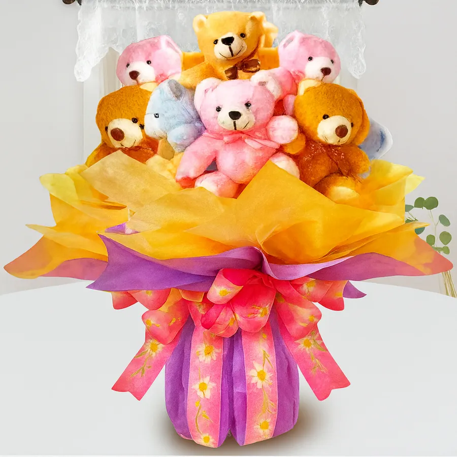 A vibrant bouquet featuring eight colorful 6-inch teddy bears, perfect for gifting.