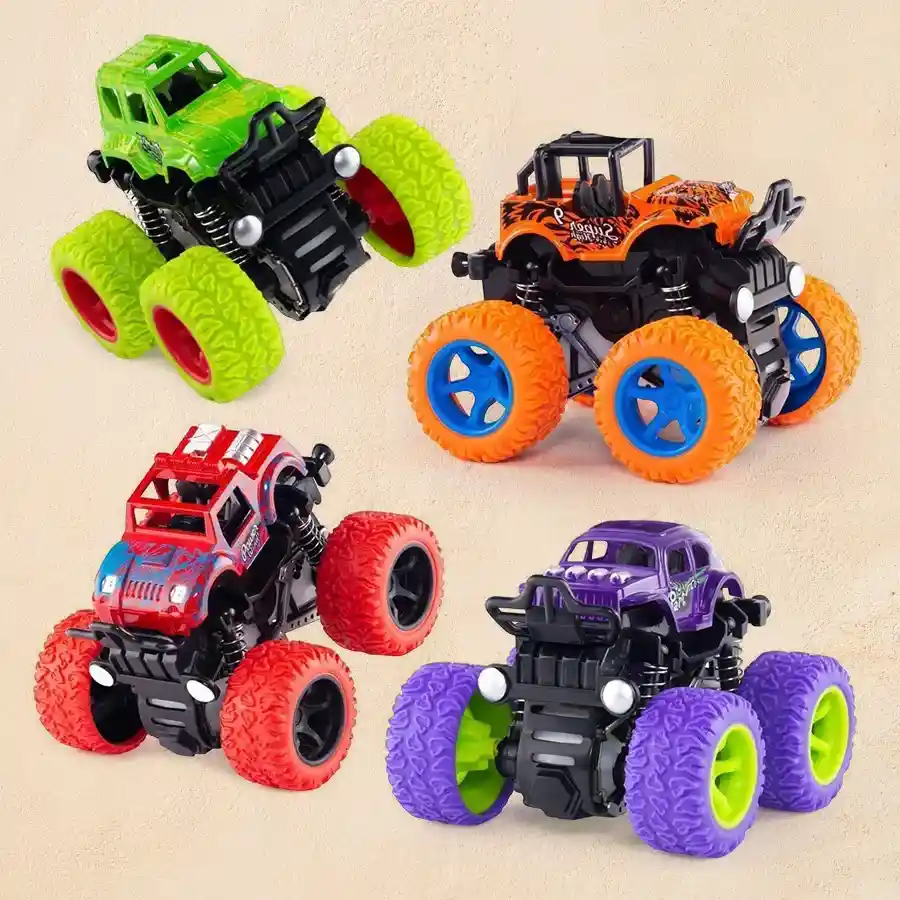 Four vibrant pull-back monster trucks designed for toddlers.