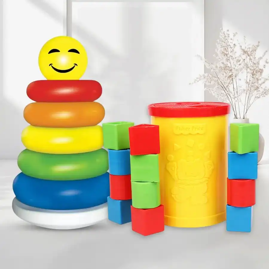 Colorful Baby's First Block with Junior Stacking Ring from Fisher-Price, designed for infants aged 0-2, promoting hand-eye coordination and color recognition.