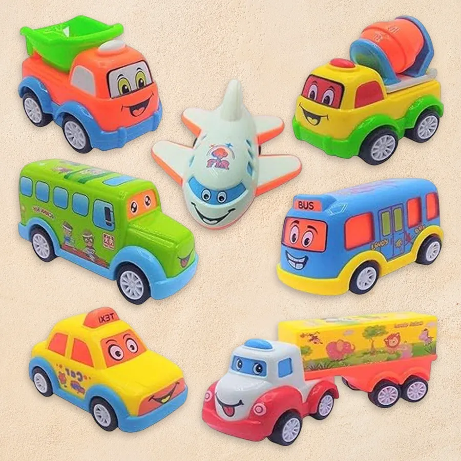 A vibrant Unbreakable Push N Go Crawling Car Set for kids aged 0-2, featuring seven colorful friction-powered toy cars made from BPA-free plastic.