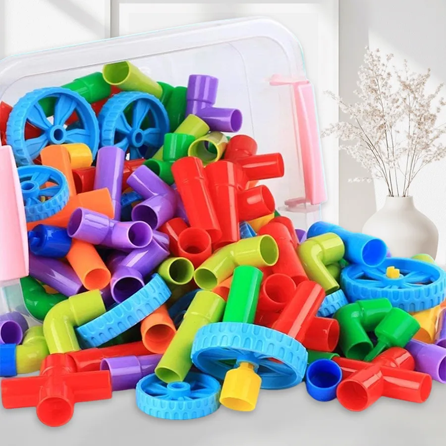 Bright Dreams Building Block Pipe Set featuring 56 colorful pieces designed for infants, perfect for indoor imaginative play and learning.