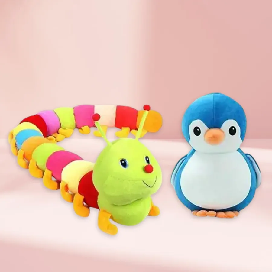 Penguin and Caterpillar soft toys for kids, ideal for cuddling and imaginative play.