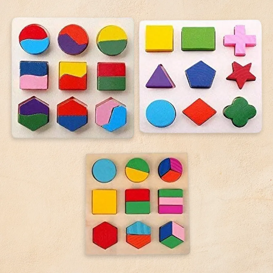 A trio of colorful wooden geometry matching puzzles designed for toddlers, promoting shape and color recognition.