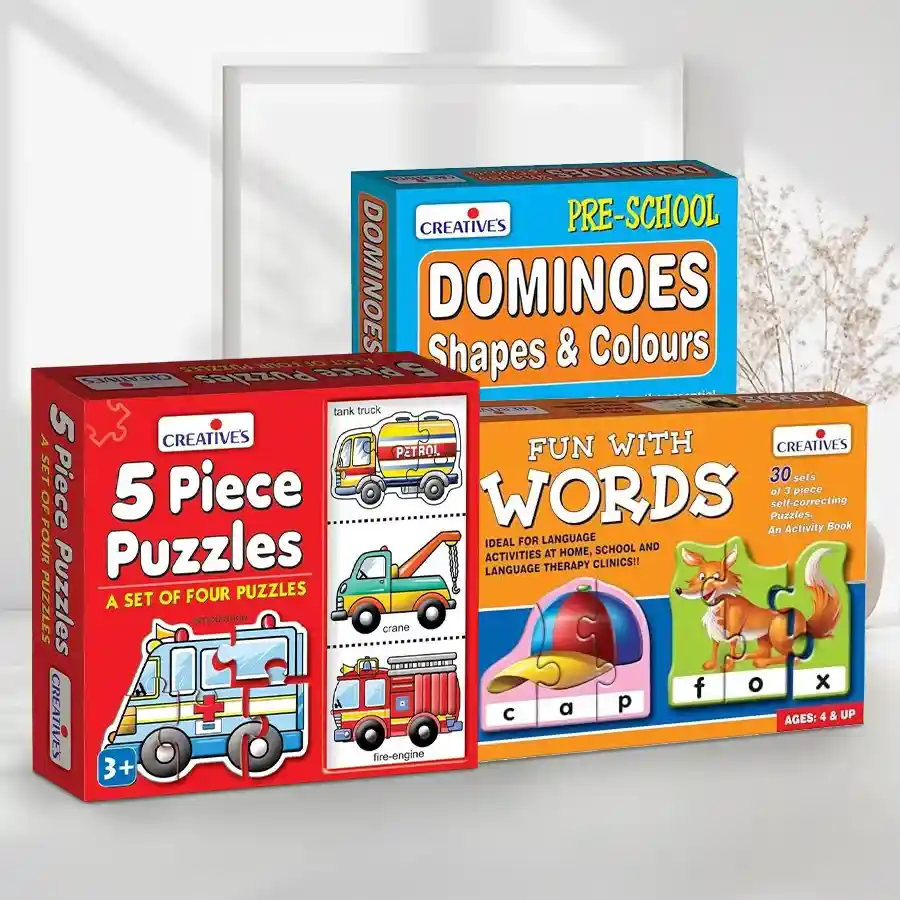A trio of colorful puzzles for kids including words, shapes, and vehicles designed to engage young minds in playful learning.