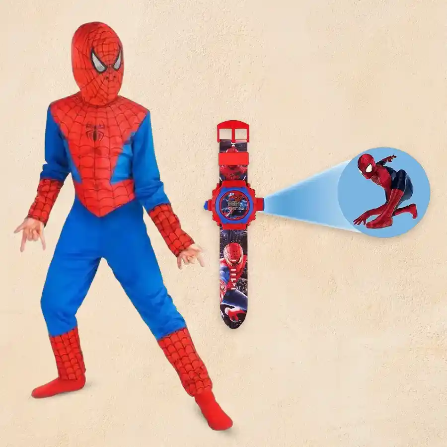 Spiderman Projector Watch and Costume set for children aged 3-7, featuring 24 images of Spiderman for imaginative outdoor play.