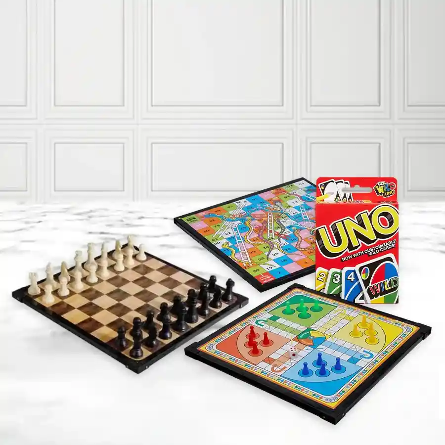 Exclusive wooden board game set including Ludo, Snakes and Ladders, Chess, and Mattel Uno for kids aged 3-7.