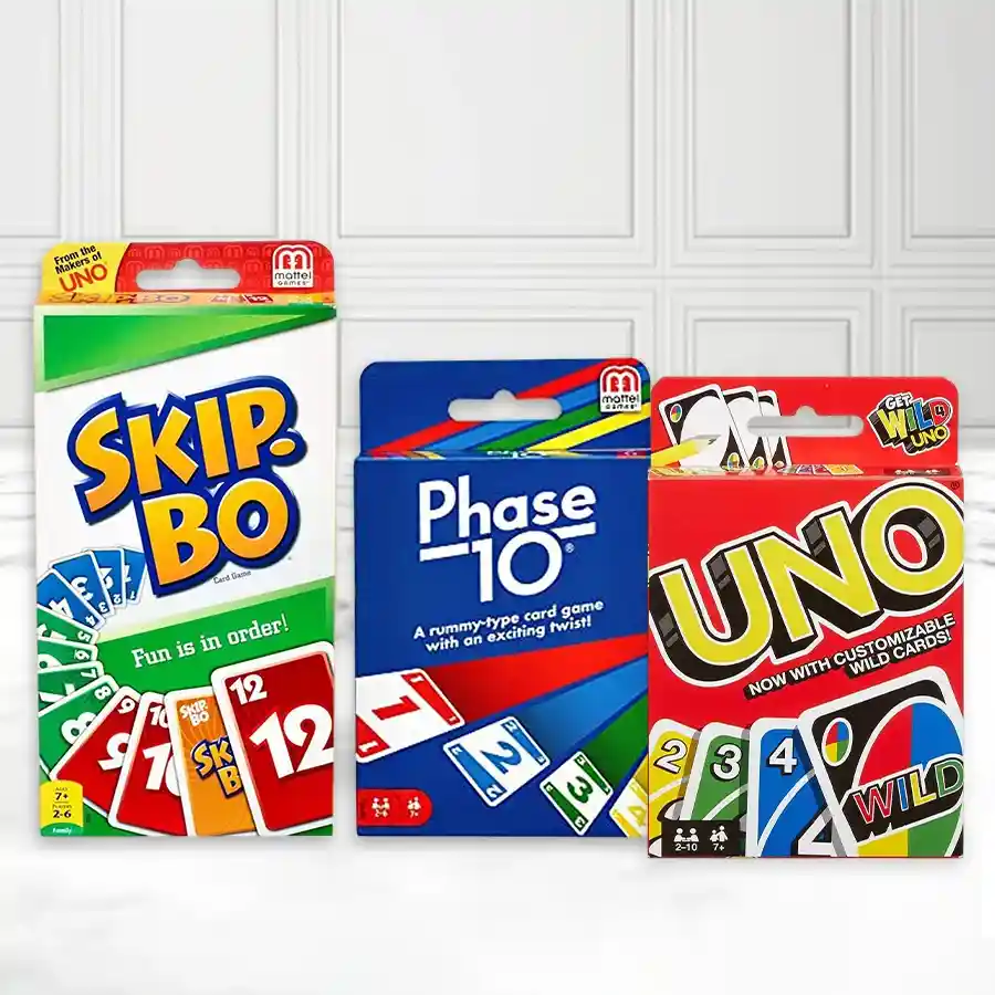 Mattel's Ultimate Card Game Trio: Uno, Skip Bo, and Phase 10, perfect for family fun and indoor entertainment for ages 7 and up.