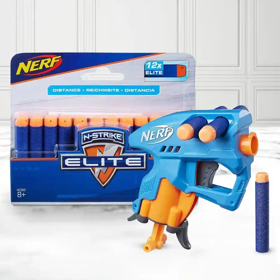 Exclusive Nerf N-Strike Elite Refill Pack featuring a Nano Fire Blaster and multicolored darts for indoor fun.