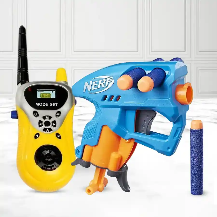 Nerf NanoFire Blaster and walkie-talkie toy for kids aged 3-7, featuring 3 elite darts and a 100-foot communication range.