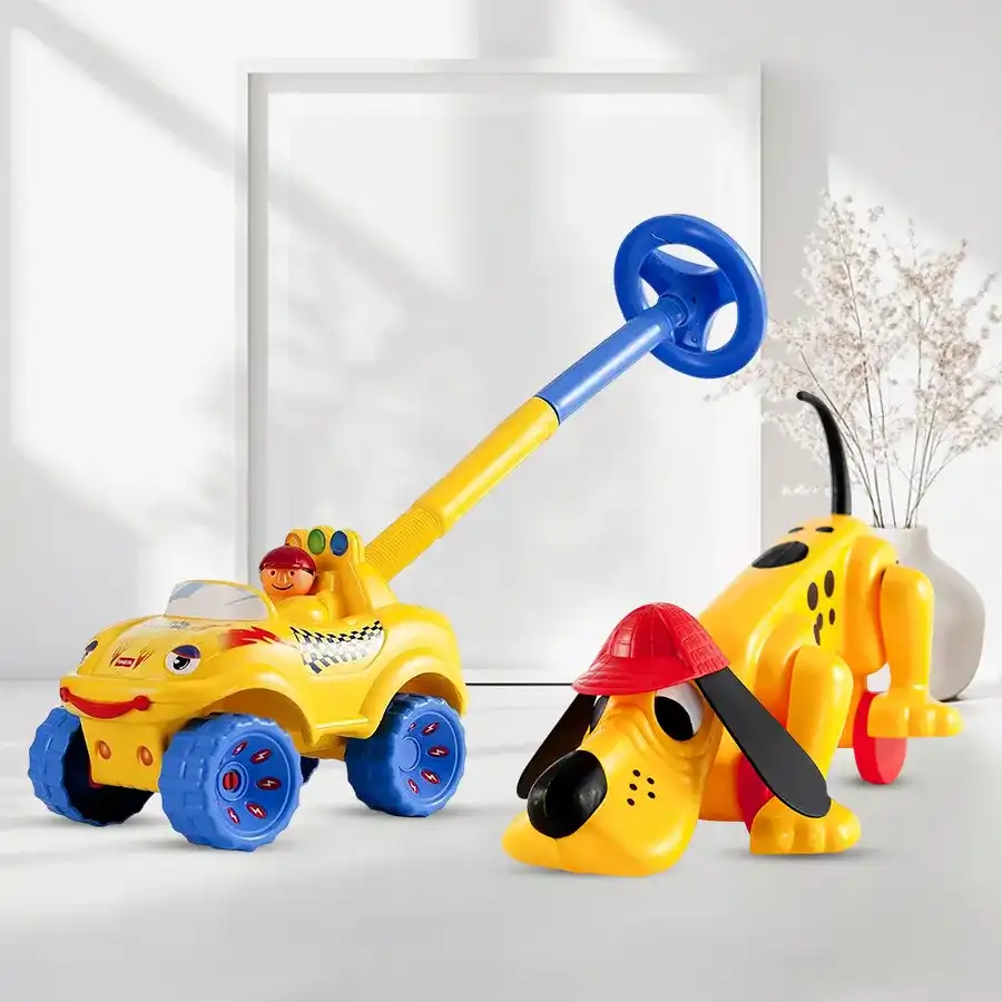 Funskool Digger the Dog alongside Walk N Drive Truck for playful indoor adventures.