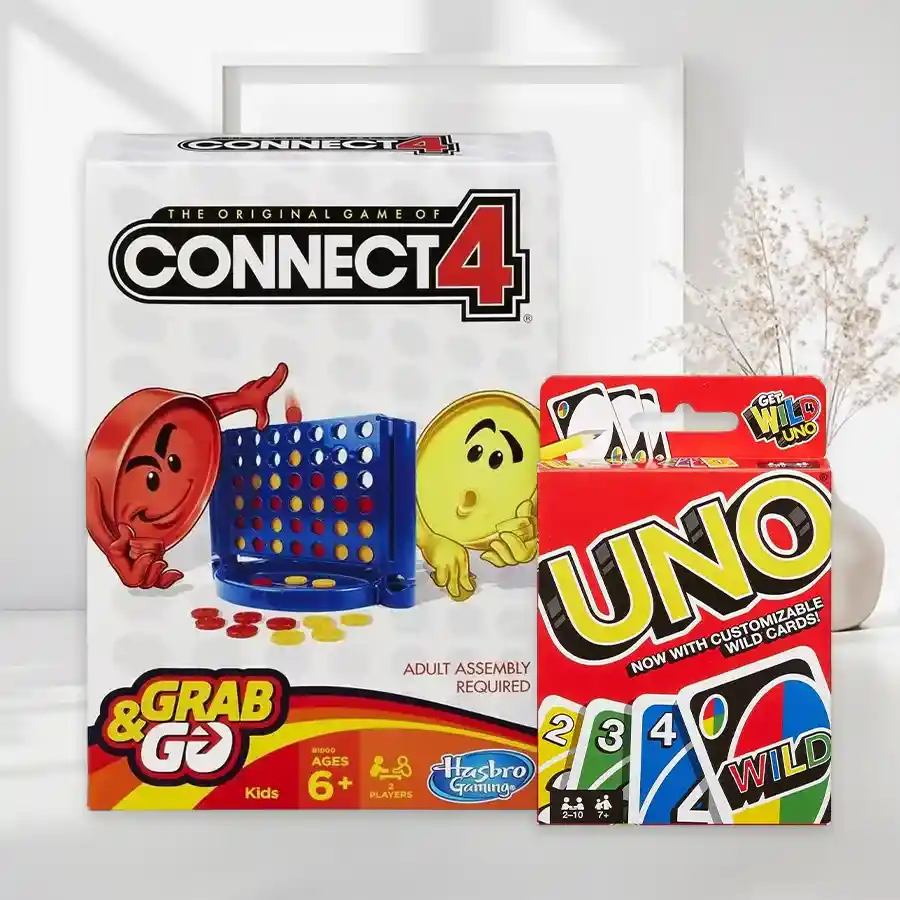 Family Fun Game Combo featuring Connect 4 and Uno for kids aged 3-7.