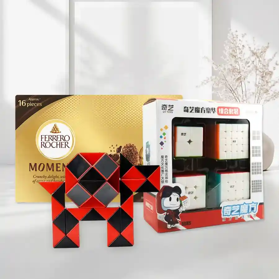 Jigsaw Fun and Chocolate Bliss set, featuring a wooden puzzle, a Twisty Snake Cube, and Ferrero Rocher Moments Chocolate for kids.