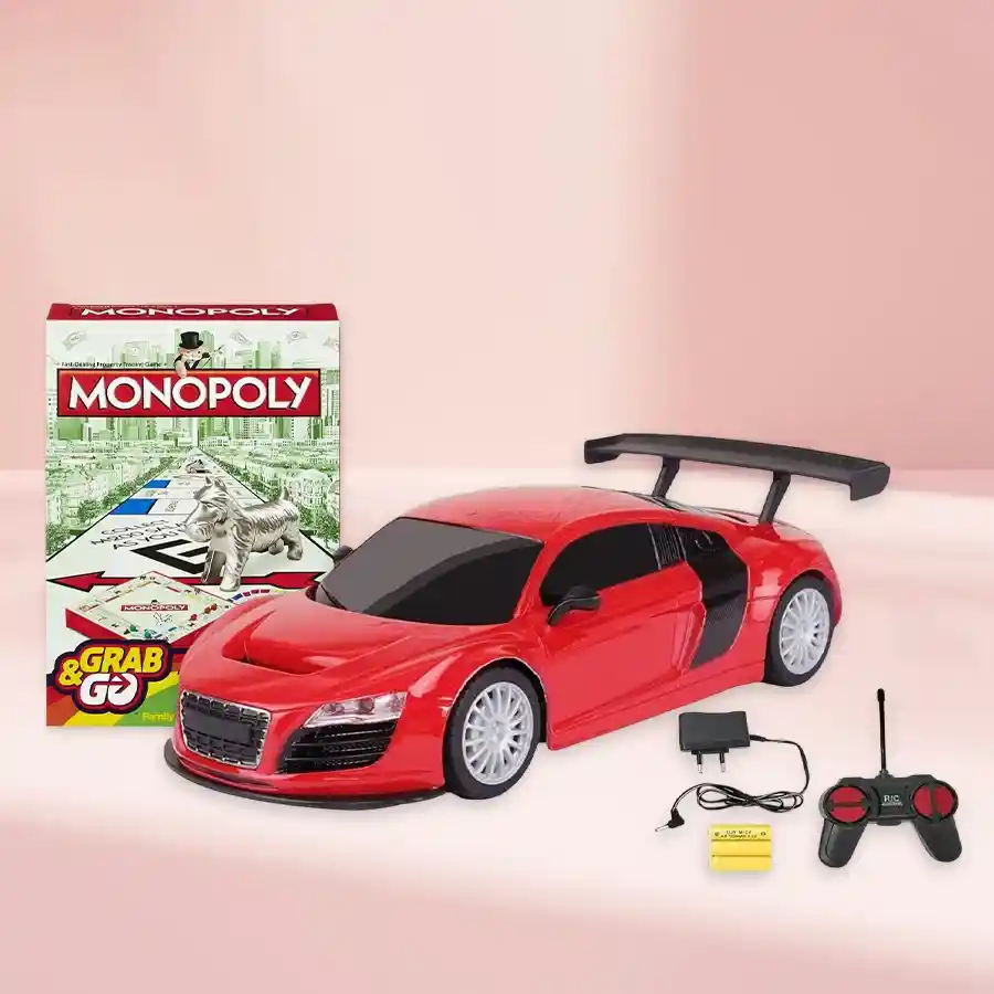 Exciting multicolor rechargeable racing car and Monopoly Grab N Go Game for kids aged 3-7, perfect for indoor playtime fun.