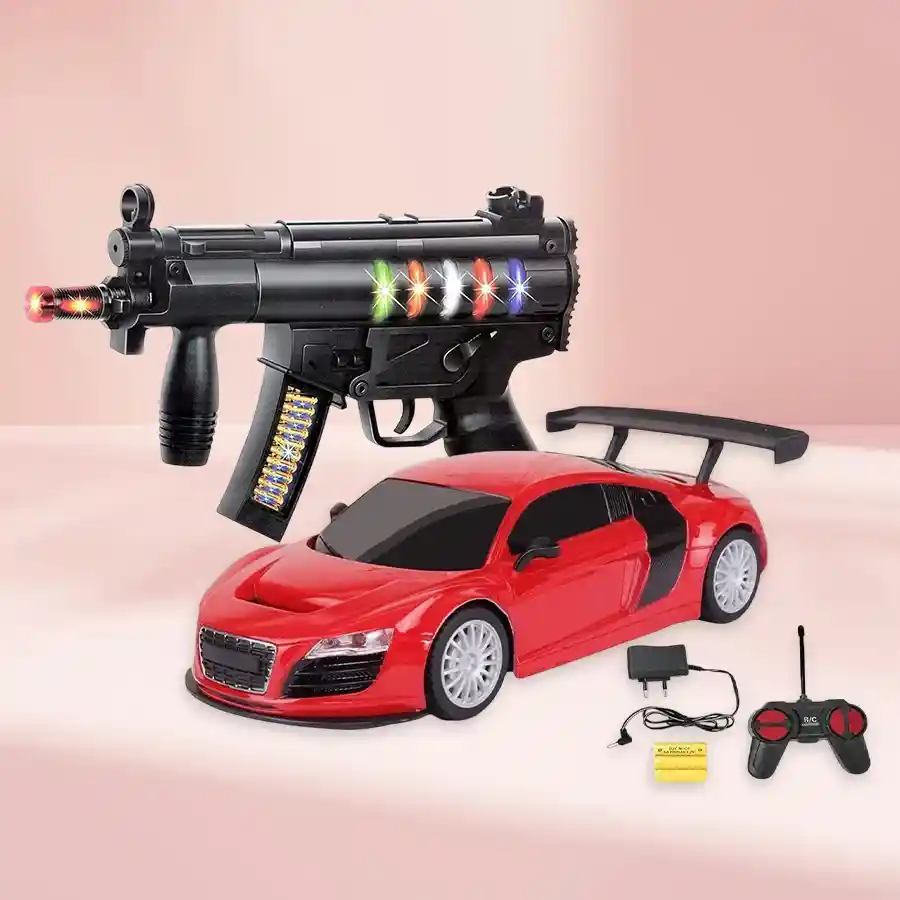 Kids' Action Adventure Toy Set featuring a racing car with remote control and a musical toy gun for boys aged 3-7.