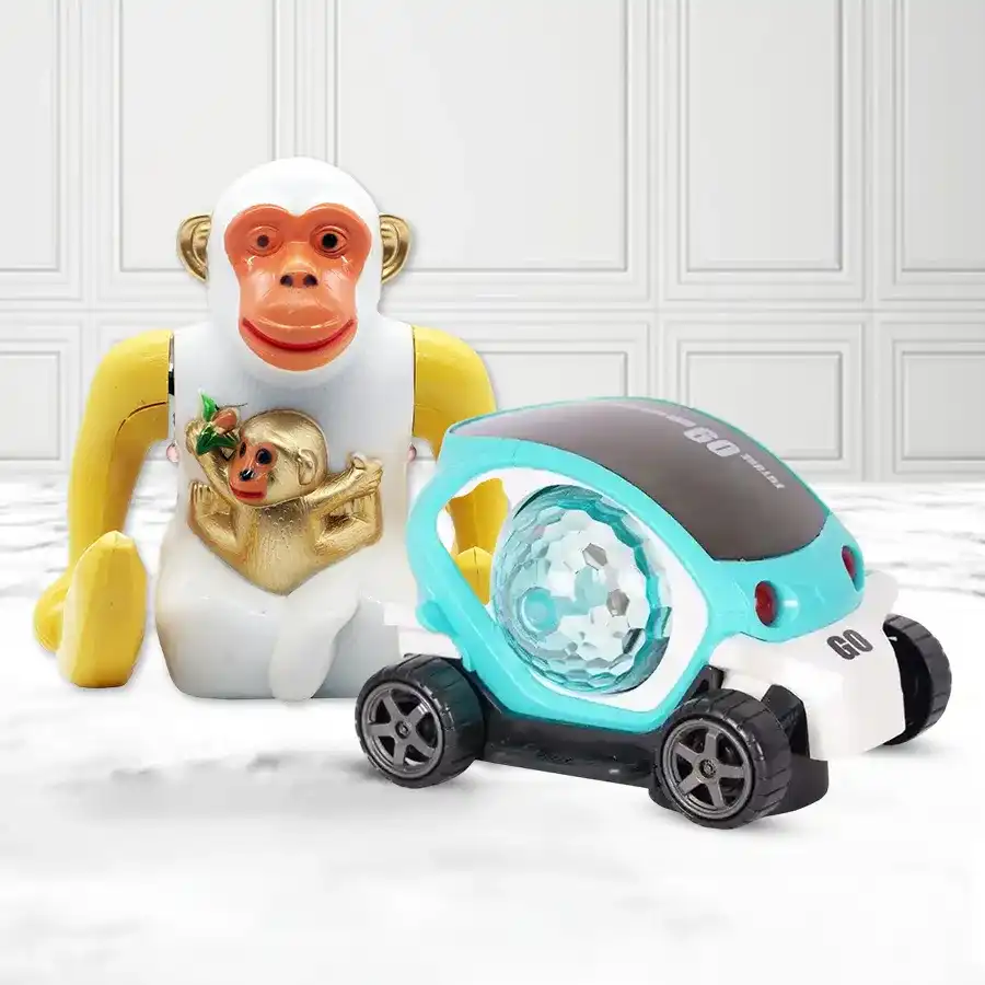 Multicolor orangutan and 360-degree rotating stunt car with lights, designed for toddlers' indoor play.