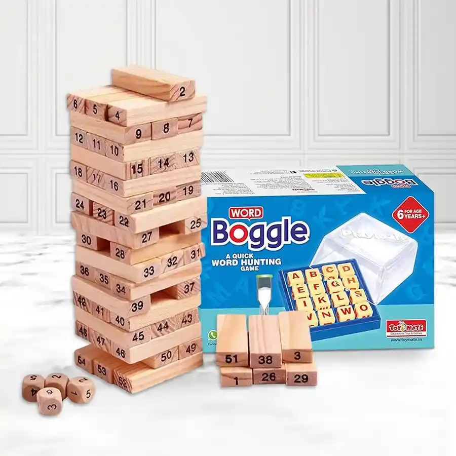 Engaging Indoor Play Kit for Kids featuring wooden stacking game and word boggle.