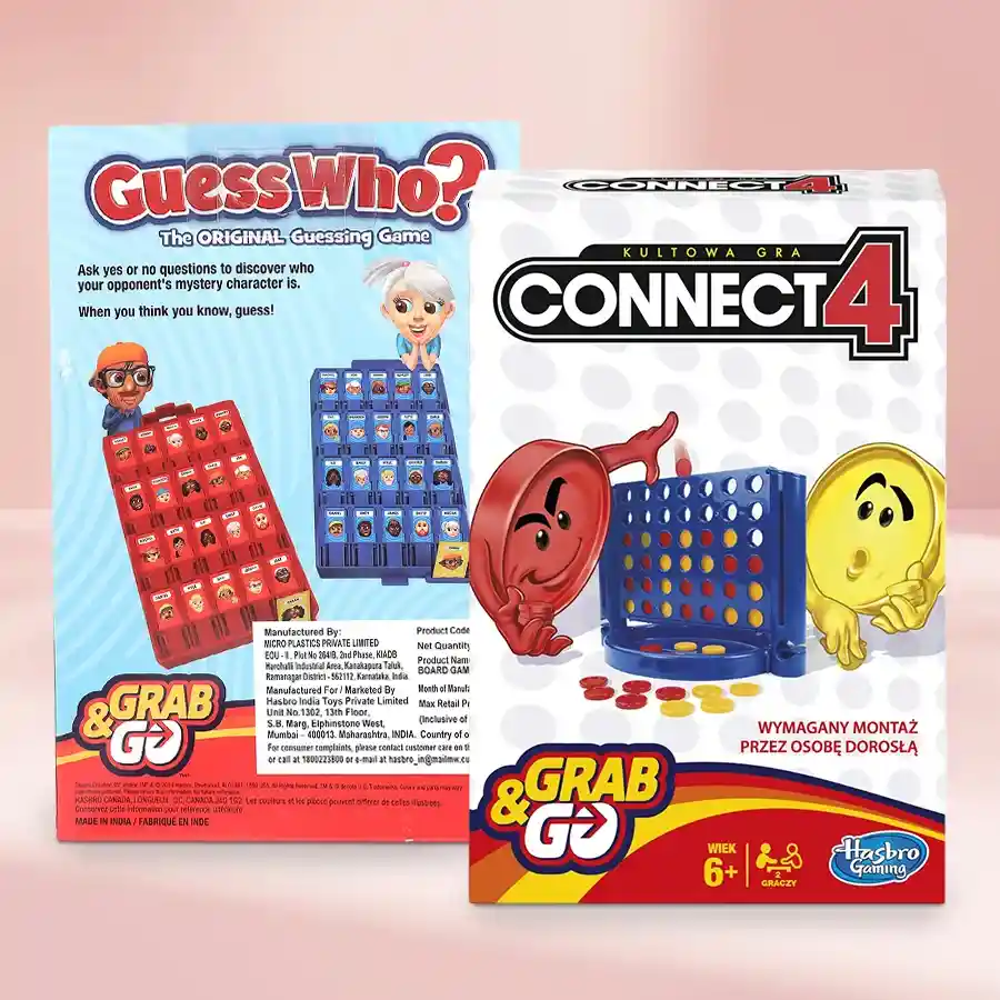 Kids’ captivating board games set featuring Guess Who? and Connect 4 for engaging indoor play, ideal for ages 6 and up.
