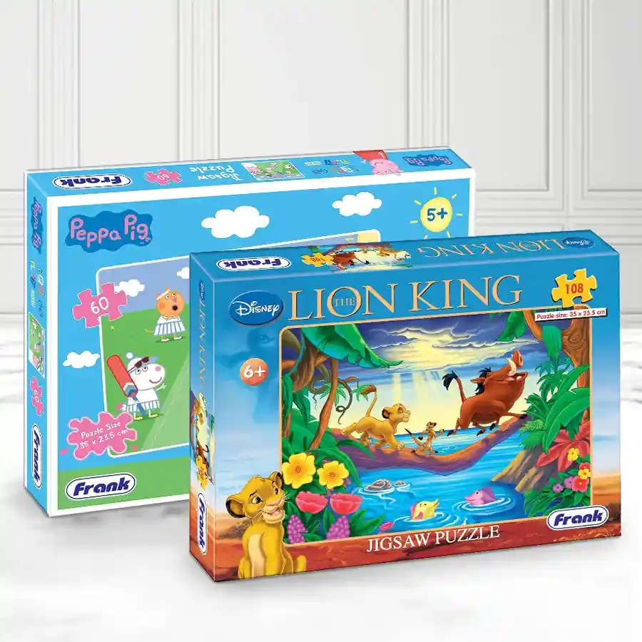 Enchanting puzzle set featuring Disney's Lion King and Peppa Pig, promoting problem-solving and patience in kids aged 5 and up.