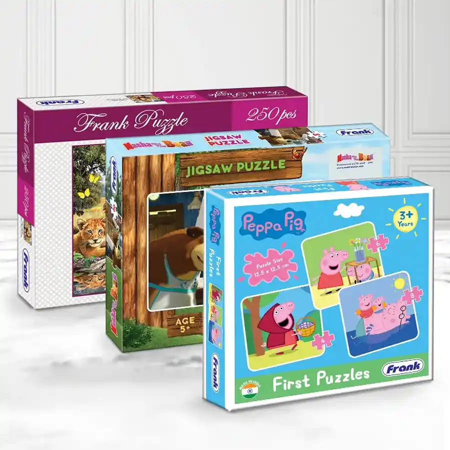 Colorful Playful Puzzle Adventure Set featuring Peppa Pig and Masha puzzles for kids aged 3 and up.