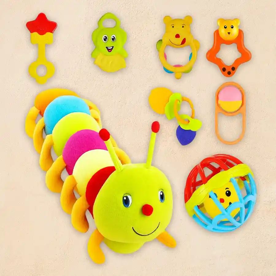 Ultra-soft caterpillar toy with eight colorful rattles for kids, perfect for cuddling and sensory play.