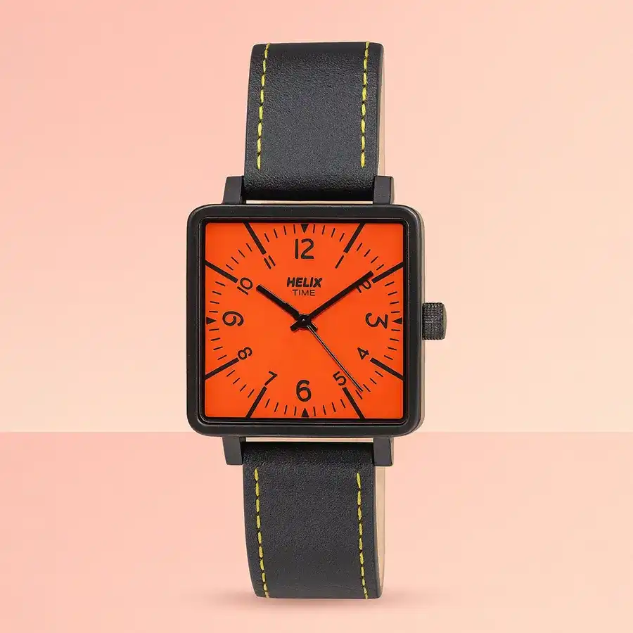 Bold orange dial Timex Helix Square Watch with black casing and strap.